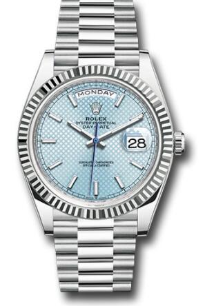 Replica Rolex Platinum Day-Date 40 Watch 228236 Fluted Bezel Ice Blue Diagonal Motif Index Dial President Bracelet